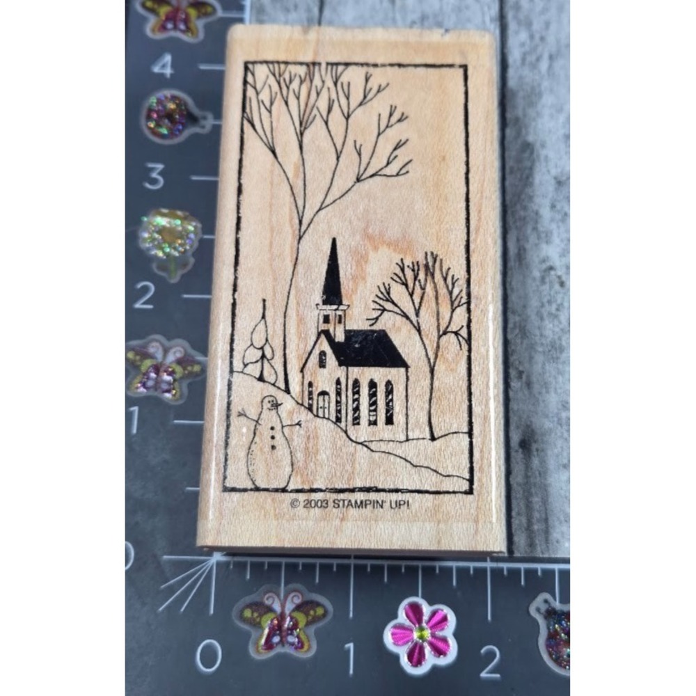 Stampin' Up! Church Winter Hillside Snowman Trees 2003 Rubber Stamp Wood #V18